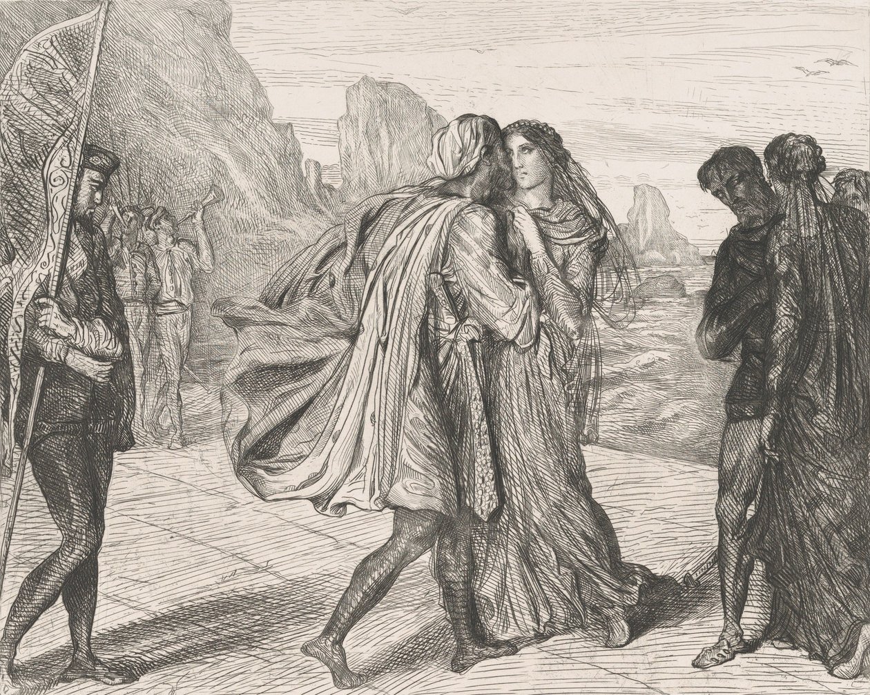 O my fair warrior!: tavla 5 från Othello Act 2, Scene 1, etsad 1844, omtryckt 1900. av Théodore Chassériau