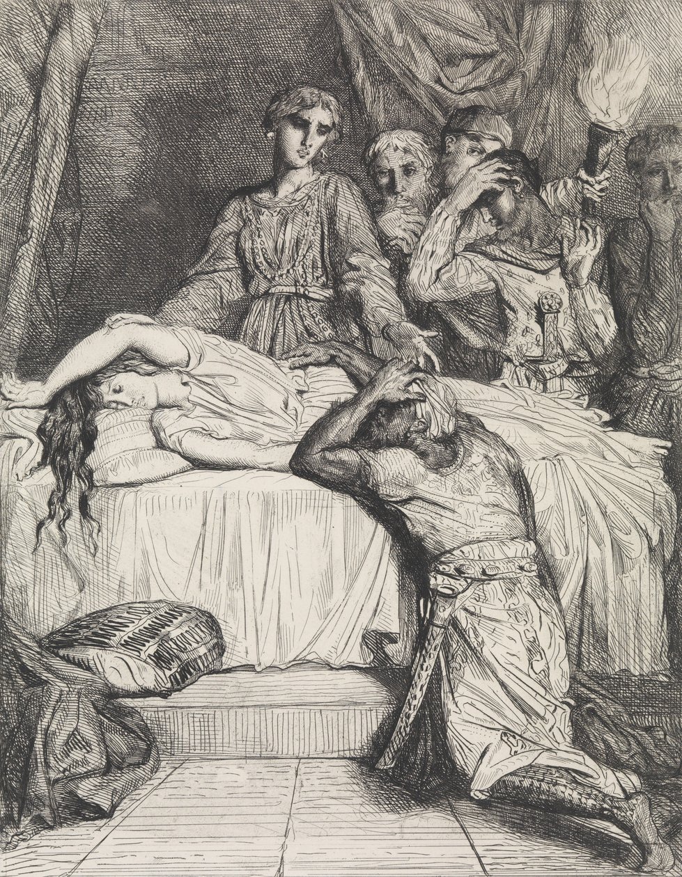 åh! åh! Åh!: tavla 14 från Othello Akt 5, Scen 2, etsat 1844, r..., etsat 1844, omtryckt 1900. av Théodore Chassériau