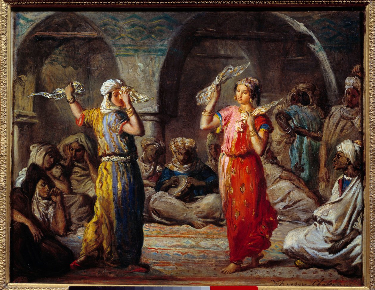 Orientalism: "" Vävnadsdans: Marockanska dansare"" Målning av Theodore Chasseriau (1819-1856) 1800-talets sön. 0,32x0,4 m av Théodore Chassériau