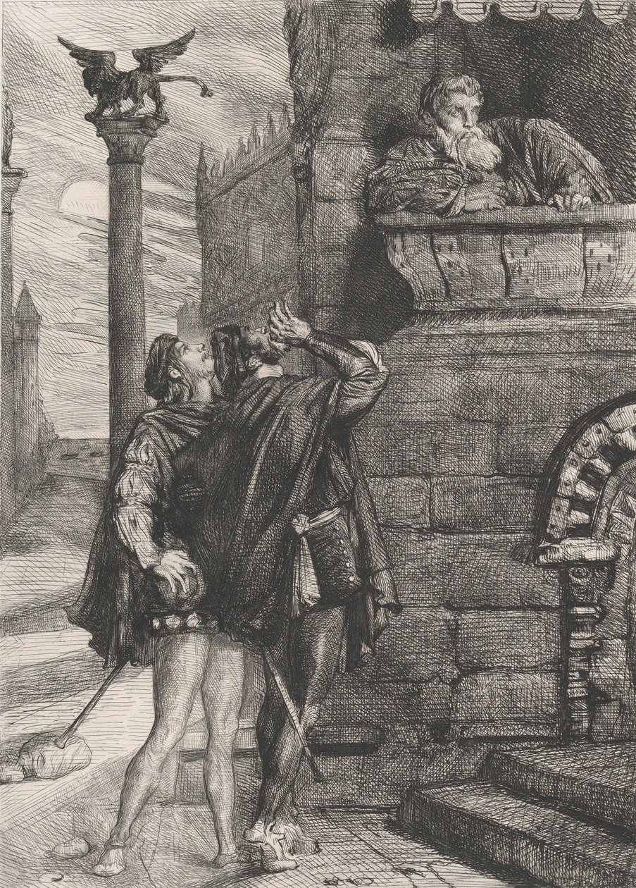 Vakna! vad ho! Brabantio! tjuvar! tjuvar!: skylt 1 från Othello Act 1, Scene 1, 1844. av Théodore Chassériau