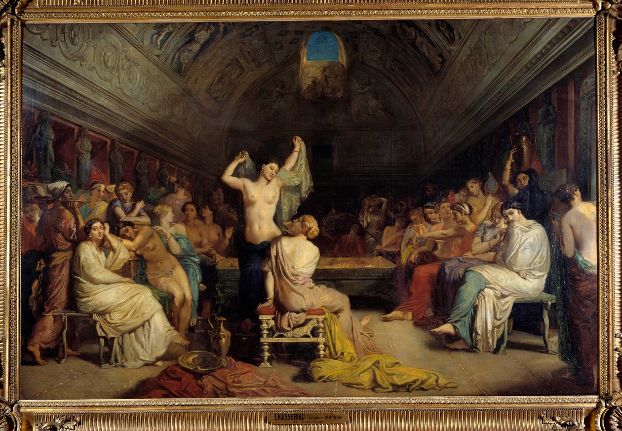 Tepidarium. Kvinnor återförenades i delen av de varma baden under antikens Rom. Målning av Theodore Chasseriau (1819-1856). Olja på duk av Théodore Chassériau