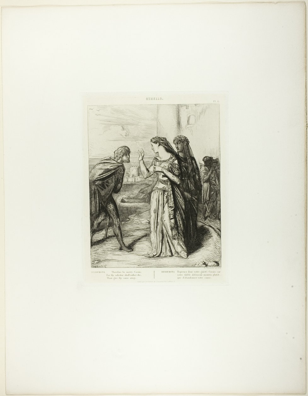 Var därför Merry Cassio, plattan 6 (akt 3, scen 3) från Othello av Théodore Chassériau