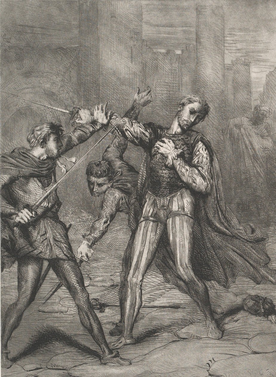 Skurk, du dör: tavla 10 från Othello Act 5, Scene 1, etsad 1844, omtryckt 1900. av Théodore Chassériau