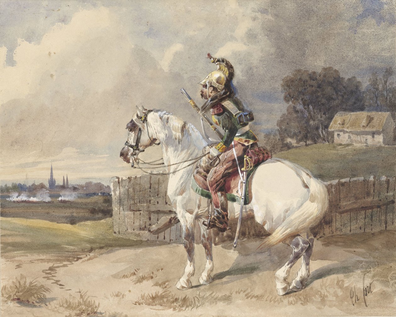 Fransk dragon på en vit häst, vänstersvängd, i profil av Théodore Fort (signed by artist)