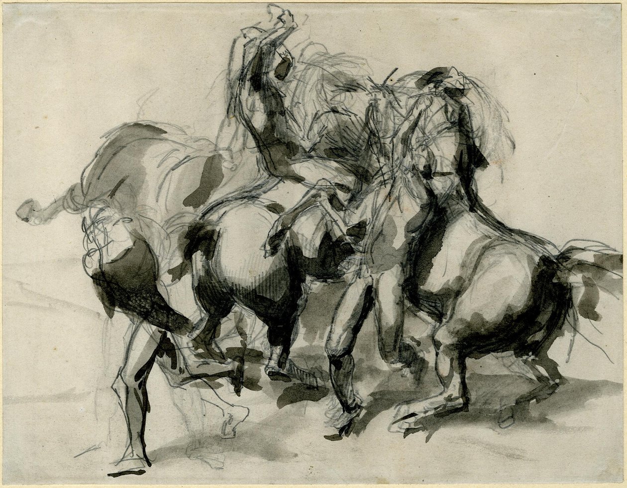 Tillskriven Théodore Géricault - Skiss av en strid med hästar och män, 1913,0114.8 av Theodore Gericault