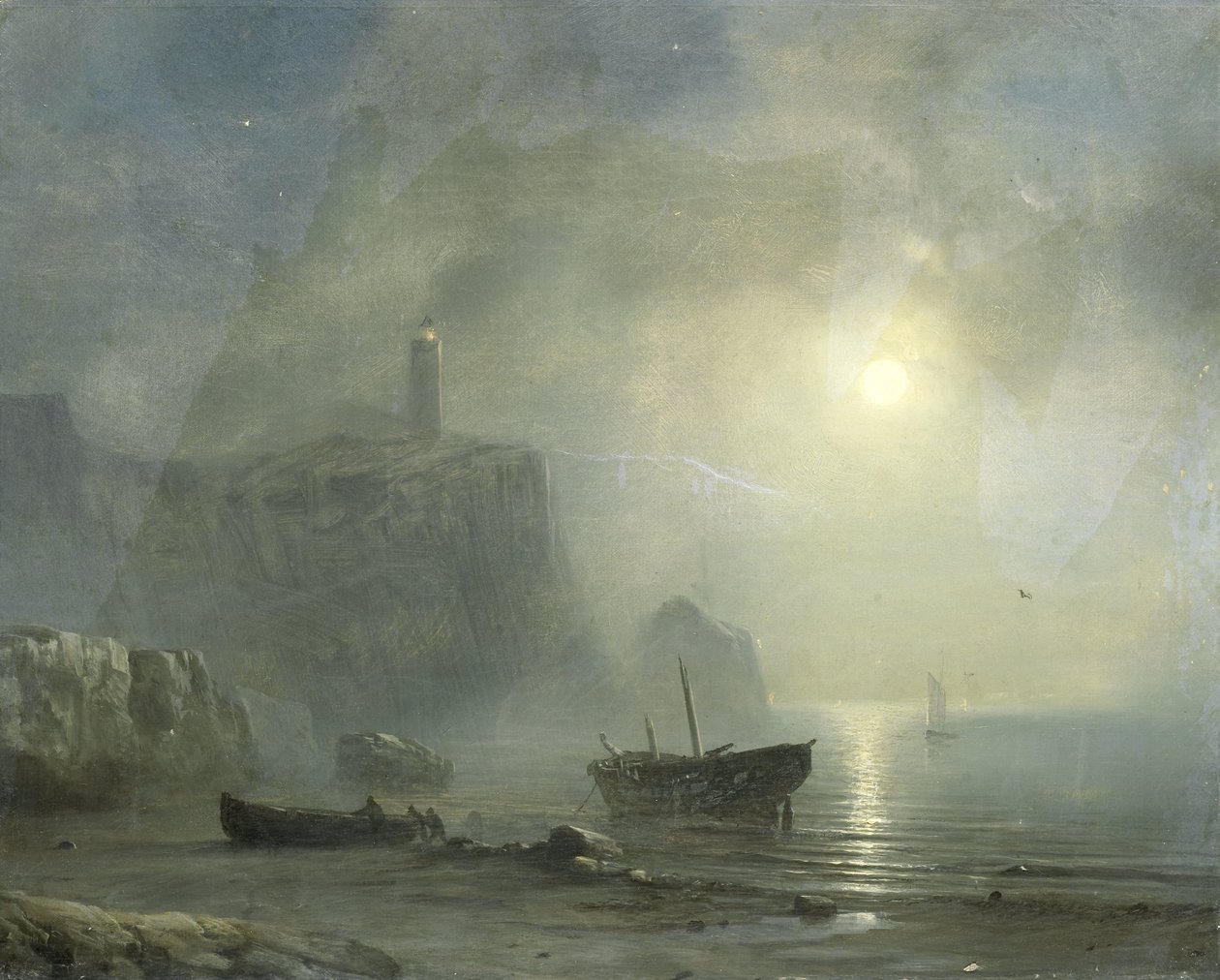 Vy över en stenig kust vid månsken av Théodore Gudin (attributed to)