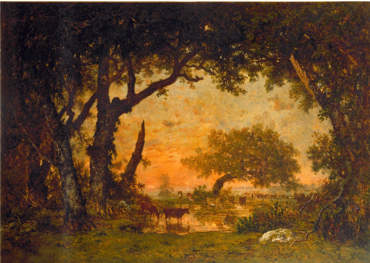 Utgång från skogen i Fontainebleau, solnedgång (olja på duk av Pierre Etienne Theodore Rousseau