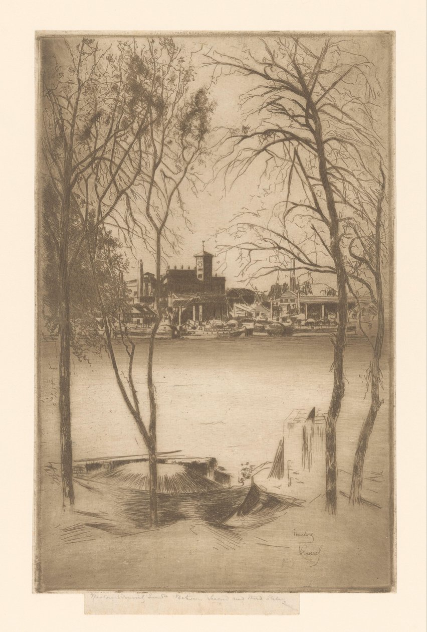 Utsikt över en flod med hamn och industri Laburnums och Battersea av Théodore Roussel (signed by artist)