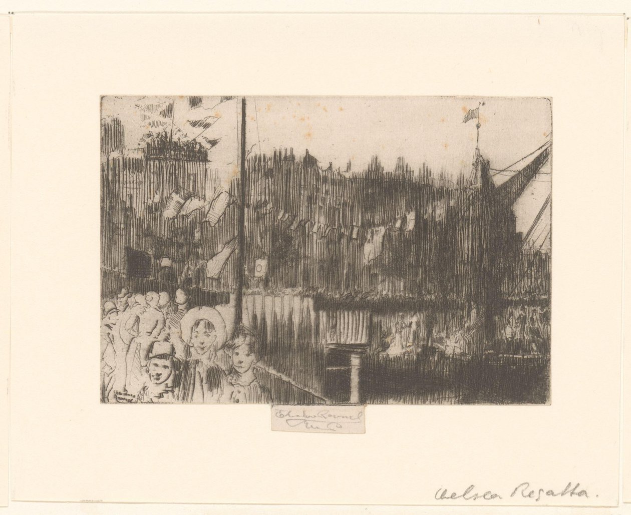 Stadsbild med figurer på en kaj dekorerad med flaggor Chelsea Regatta av Théodore Roussel (signed by artist)
