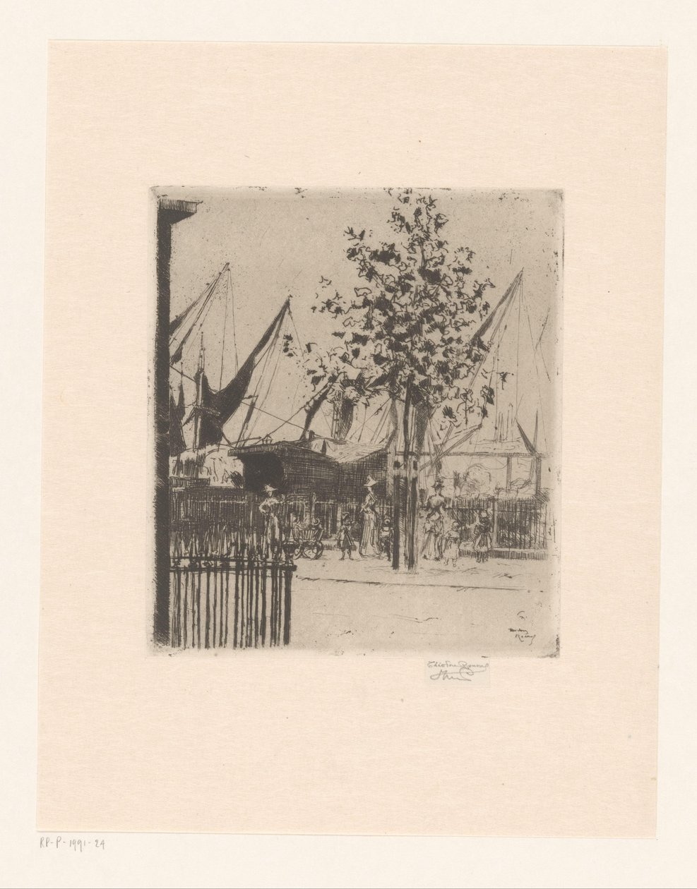 Gatuvy med figurer vid en hamn Hörnet av Luna Street, Chelsea Embankment av Théodore Roussel (signed by artist)