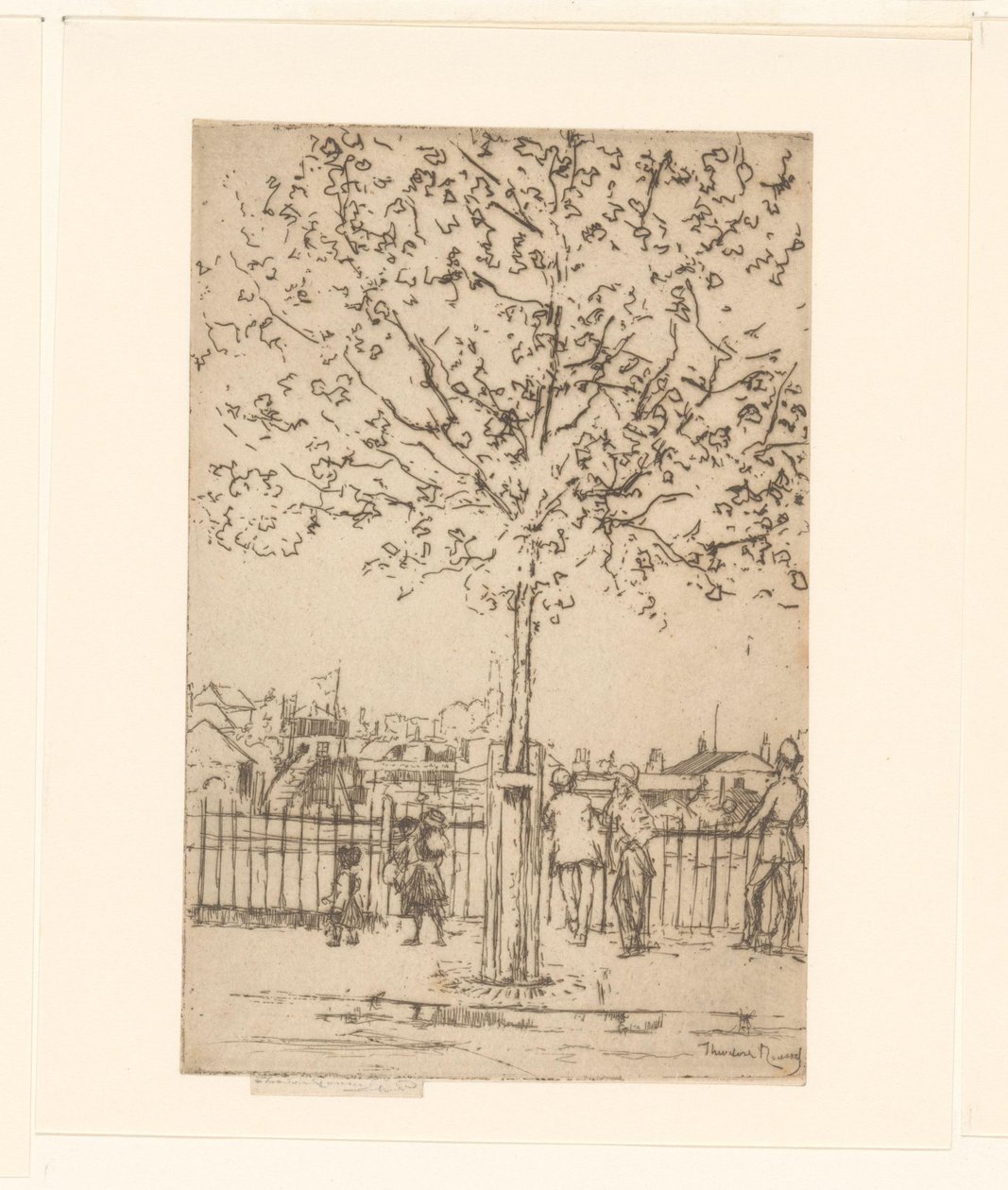 Sex figurer vid ett staket längs en flod, i förgrunden ett träd Chelsea Embankment, juni, 17:00, 1889 av Théodore Roussel (signed by artist)