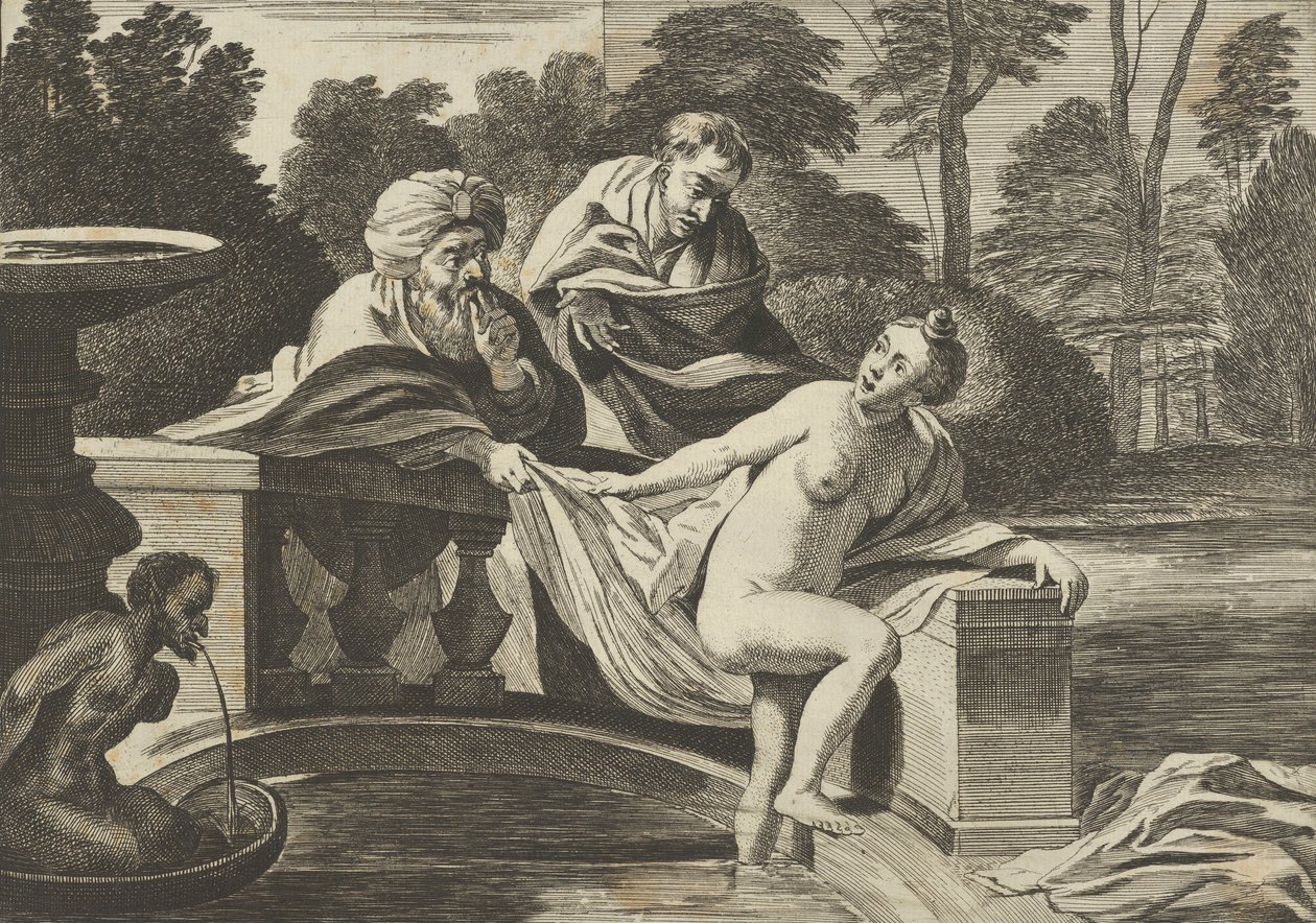 Susanna, delvis naken och kliver ut ur en fontän med två äldste till vänster, en o..., ca. 1656-60. av Théodorus van Kessel