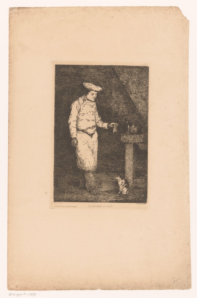 Mörk interiör med en kock som håller fram en köttbit för en katt Le déjeuner du chat (titel på objekt) Eaux-Fortes Modernes: Originales et Inédites (serietitel) av Théodule Augustin Ribot