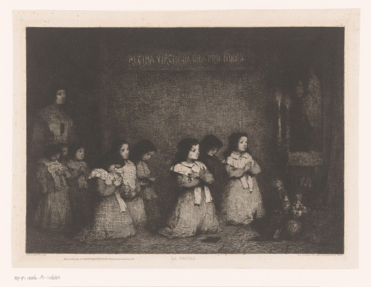 Grupp flickor i bön framför en staty av Maria La Priere (titel på objekt) Eaux-Fortes Modernes: Originales et Inédites (serietitel) av Théodule Augustin Ribot