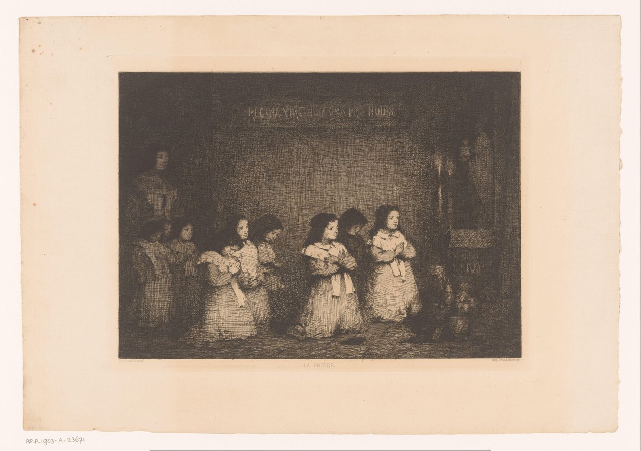 Grupp flickor i bön framför en staty av Maria La Priere (titel på objekt) Eaux-Fortes Modernes: Originales et Inédites (serietitel) av Théodule Augustin Ribot