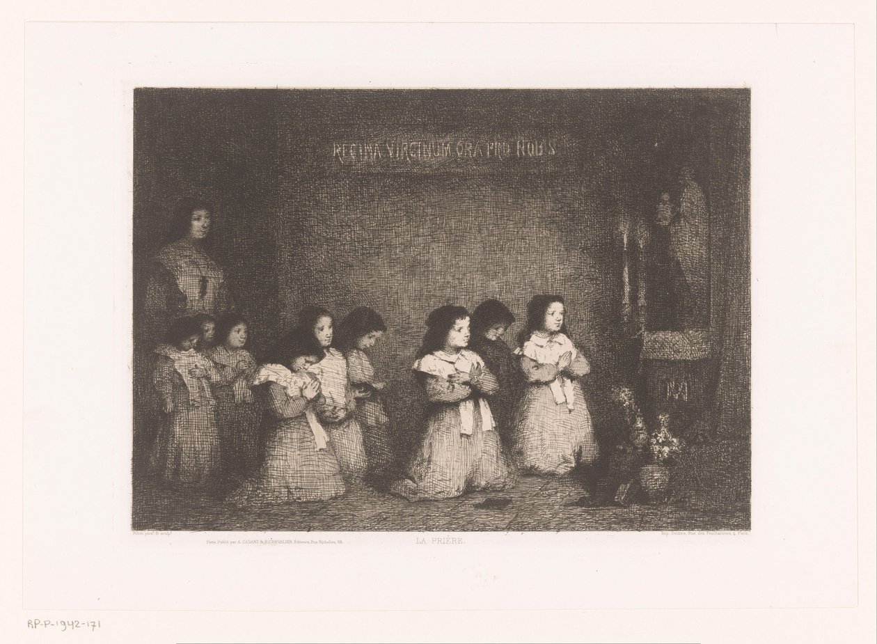 Grupp flickor i bön framför en staty av Maria La Priere (titel på objekt) Eaux-Fortes Modernes: Originales et Inédites (serietitel) av Théodule Augustin Ribot