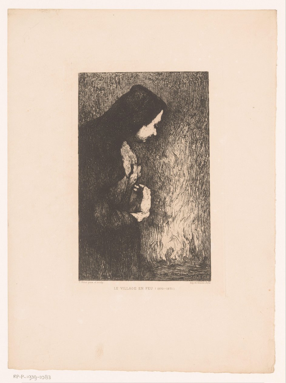 Stående kvinna tittar på brinnande by i bakgrunden Le Village en Feu (titel på objekt) av Théodule Augustin Ribot