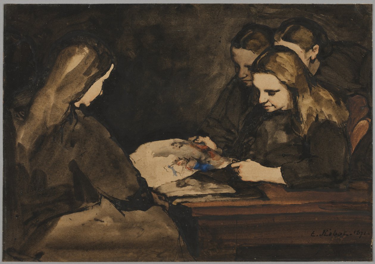 Fyra flickor studerar en teckning, 1876. av Auguste Theodule Ribot