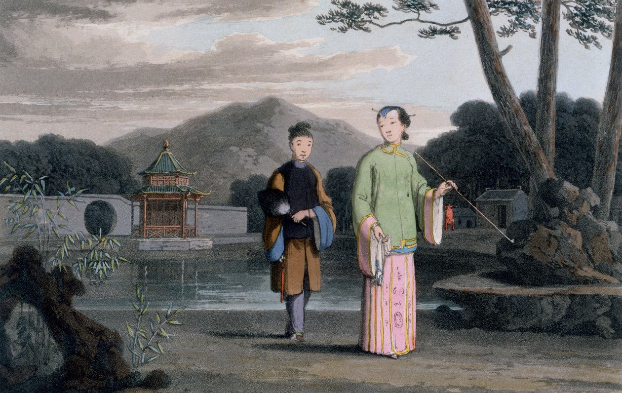 Kinesisk dam med paviljong i bakgrunden, från "A Picturesque Journey to India, by the Way of China", 1810 av Thomas und William Daniell