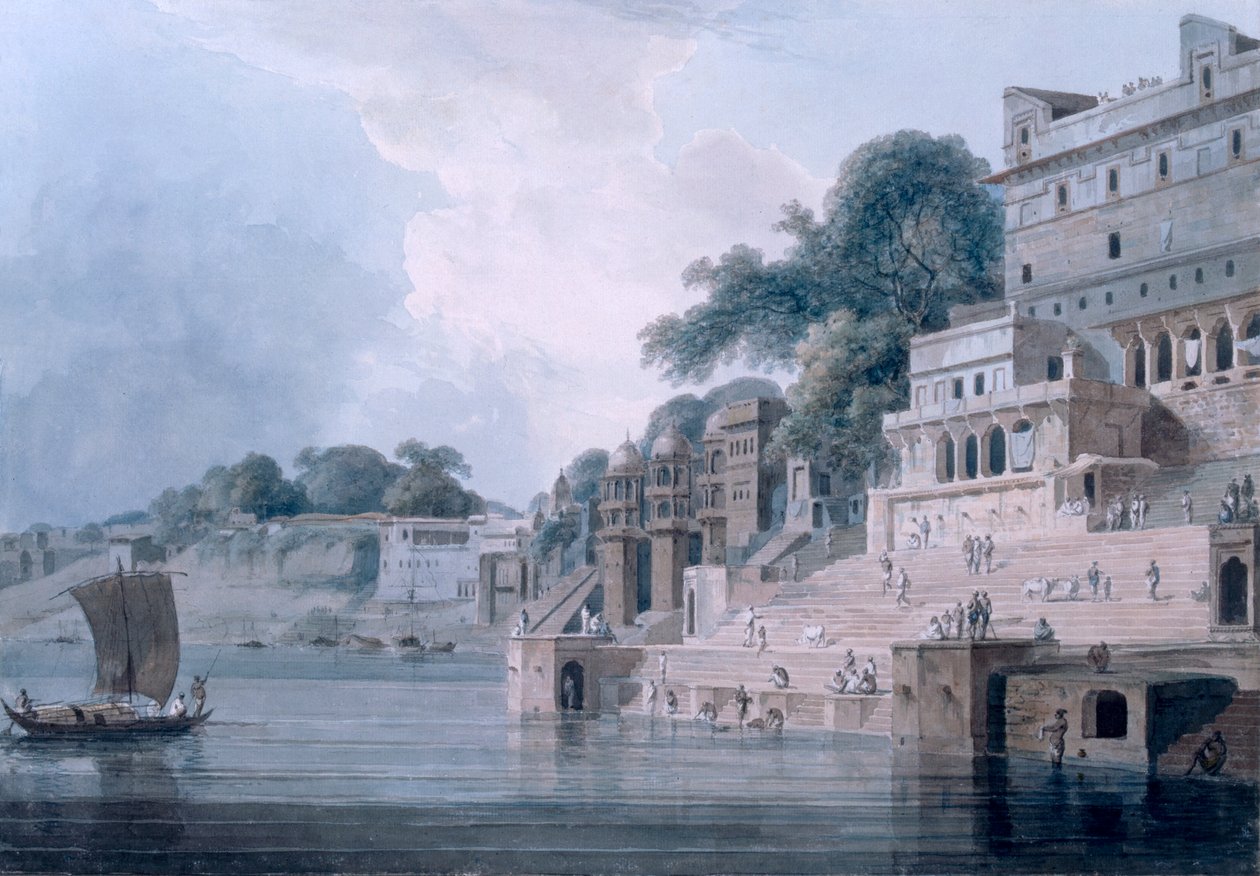 Dasasvamedha Ghat, Benares, Uttar Pradesh, ca 1788-89 (färgad akvatint) av Thomas und William Daniell