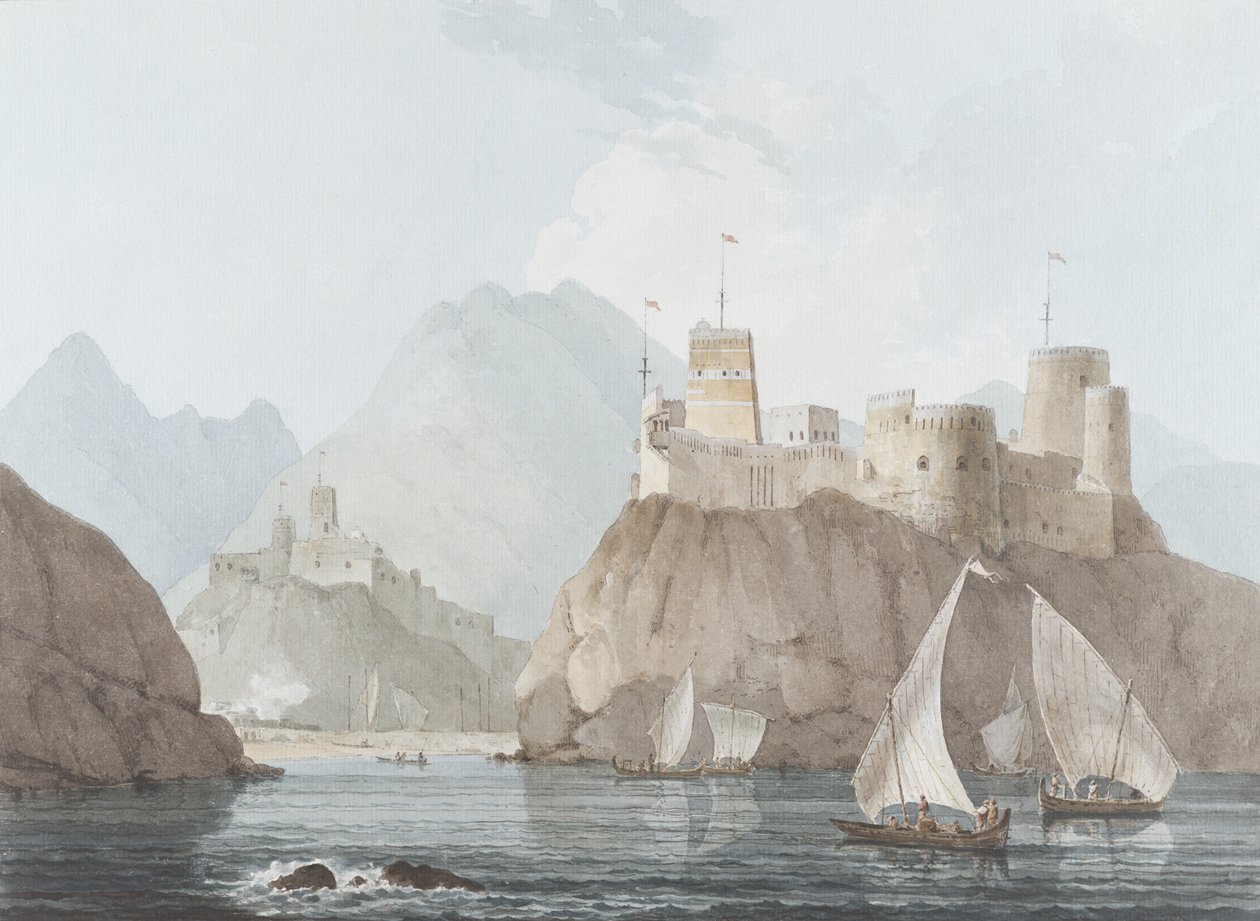 East View of the Forts Jellali and Merani, Muskah, Arabia, juni 1793 (wc, penna och bläck och penna på papper) av Thomas und William Daniell