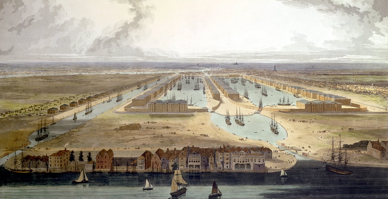Förhöjd utsikt över den nya hamnen och lagerbyggnaderna, 1802 av Thomas und William Daniell