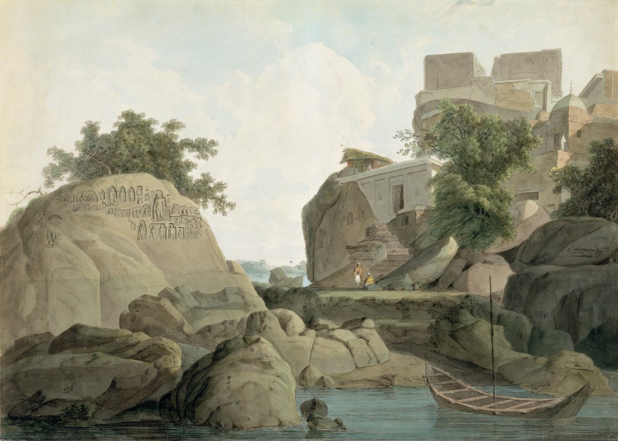 Fakirs klippa vid Sultanganj, vid floden Ganges, Indien, ca 1790 (wc över grafit på papper) av Thomas und William Daniell