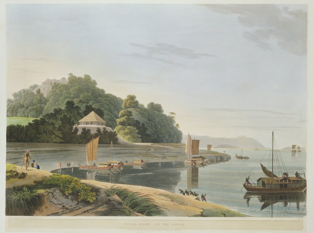 Siccra Gully on the Ganges, skylt IX från del 6 av "Oriental Scenery", pub. 1804 (akvatint) av Thomas und William Daniell