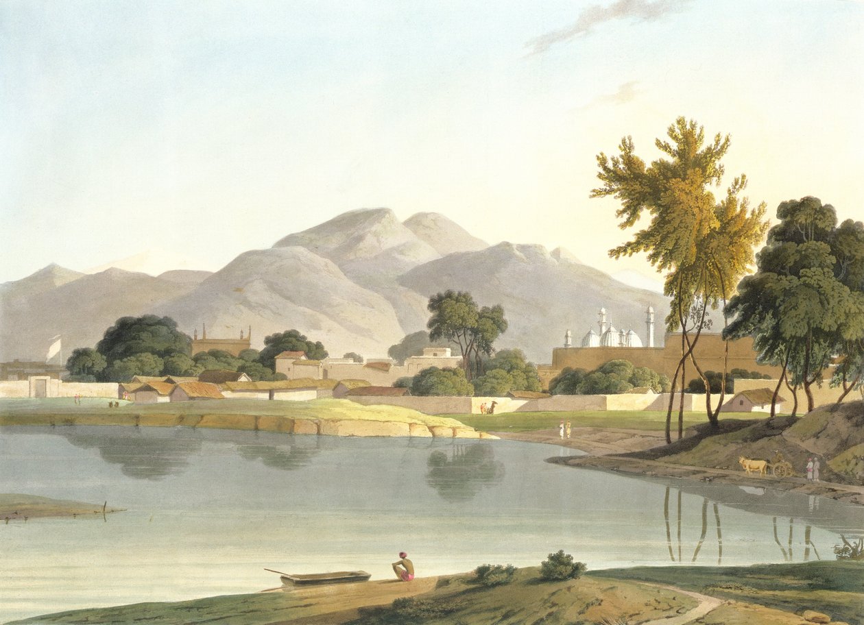 Vy på Nijeibabad, nära Coaduwar Gaut, Rohilcund, tallrik XIII från del 6 av "Oriental Scenery", pub. 1804 (akvatint) av Thomas und William Daniell