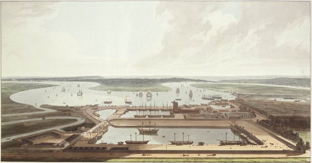 Vy över East India Docks, 1803 (akvatint) av Thomas und William Daniell