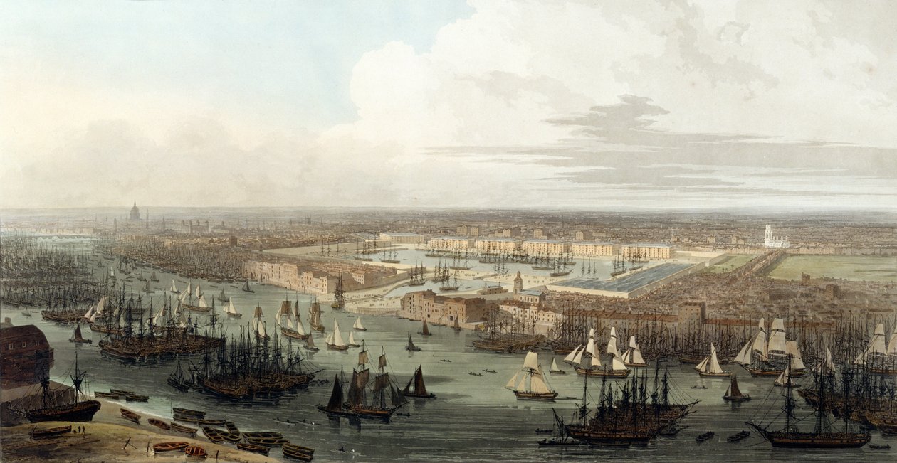 Wapping, förhöjd utsikt över kajen, 1803 av Thomas und William Daniell