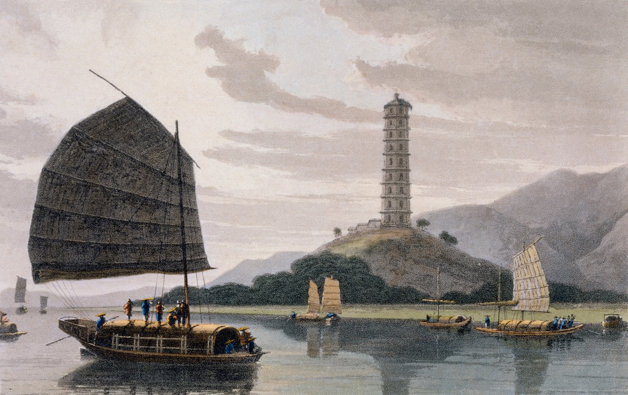 Wham Poa Pagoda, med båtar som seglar framför, från "A Picturesque Journey to India, by the Way of China", 1810 av Thomas und William Daniell