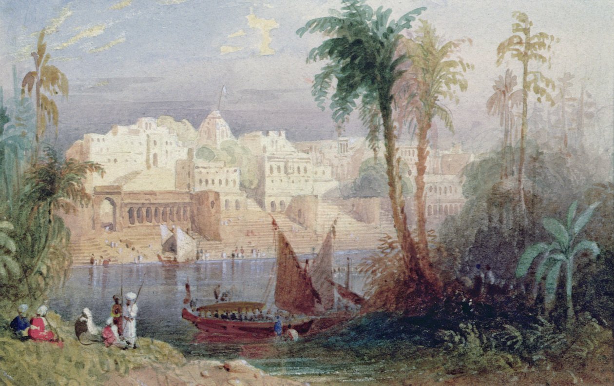En vy av en indisk stad bredvid en flod, med båtar på floden och figurer i förgrunden av Thomas Allom