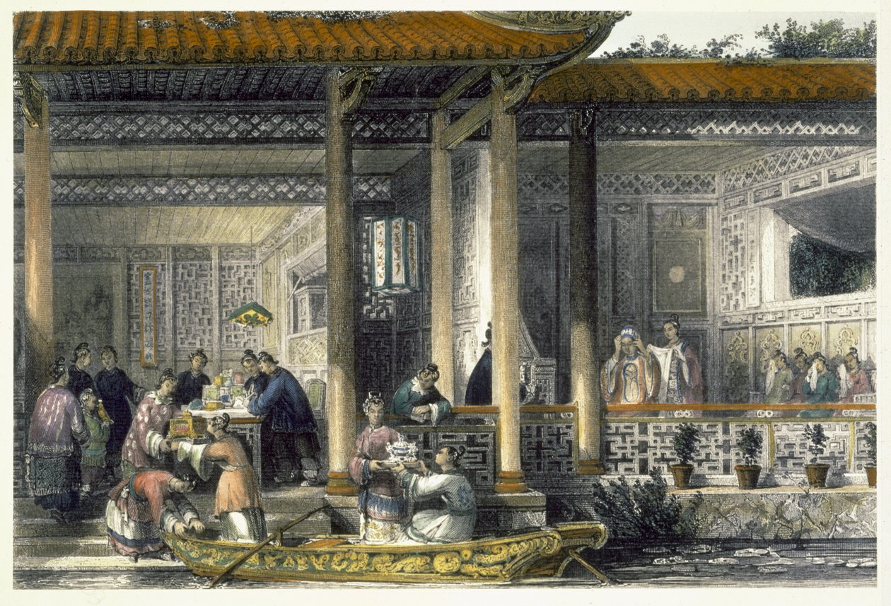 Ankomst av äktenskapspresenter till brudbostaden, från "China in a Series of Views" av George Newenham Wright (ca 1790-1877) 1843 av Thomas Allom