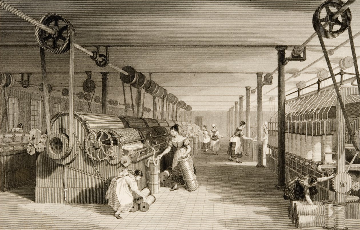 Kardning, teckning och roving, Bomullsfabriksgolv, graverad av James Tingle (fl.1830-60) c.1830 av Thomas Allom