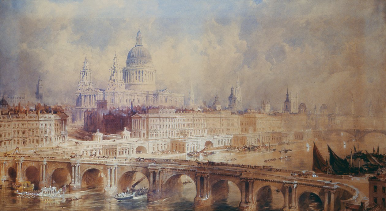 Design för Thames Bank, vy nedströms av Thomas Allom