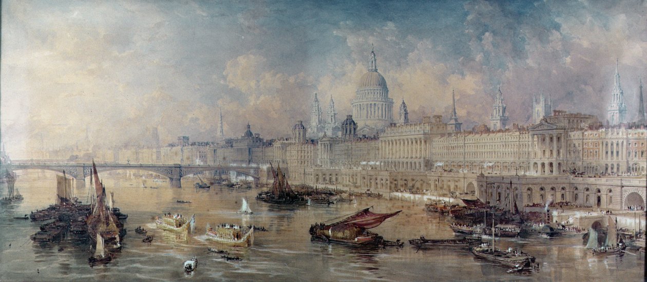 Design för Thames Bank, vy uppströms av Thomas Allom