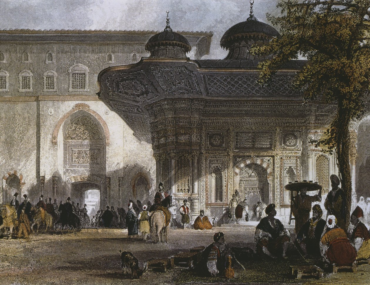 Kejsersporten till Topkapipalatset och Sultan Ahmed III:s fontän, Istanbul, 1839 (färggravyr) av Thomas Allom