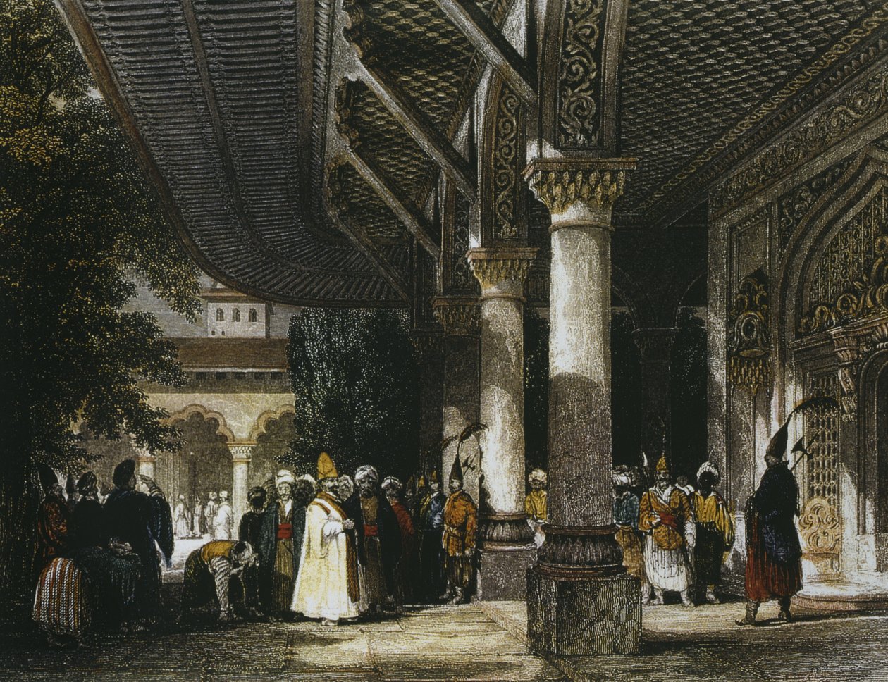 Topkapipalatsets interiör med lyckans port (Bab-i-Saadet) Istanbul, 1839 (färggravyr) av Thomas Allom