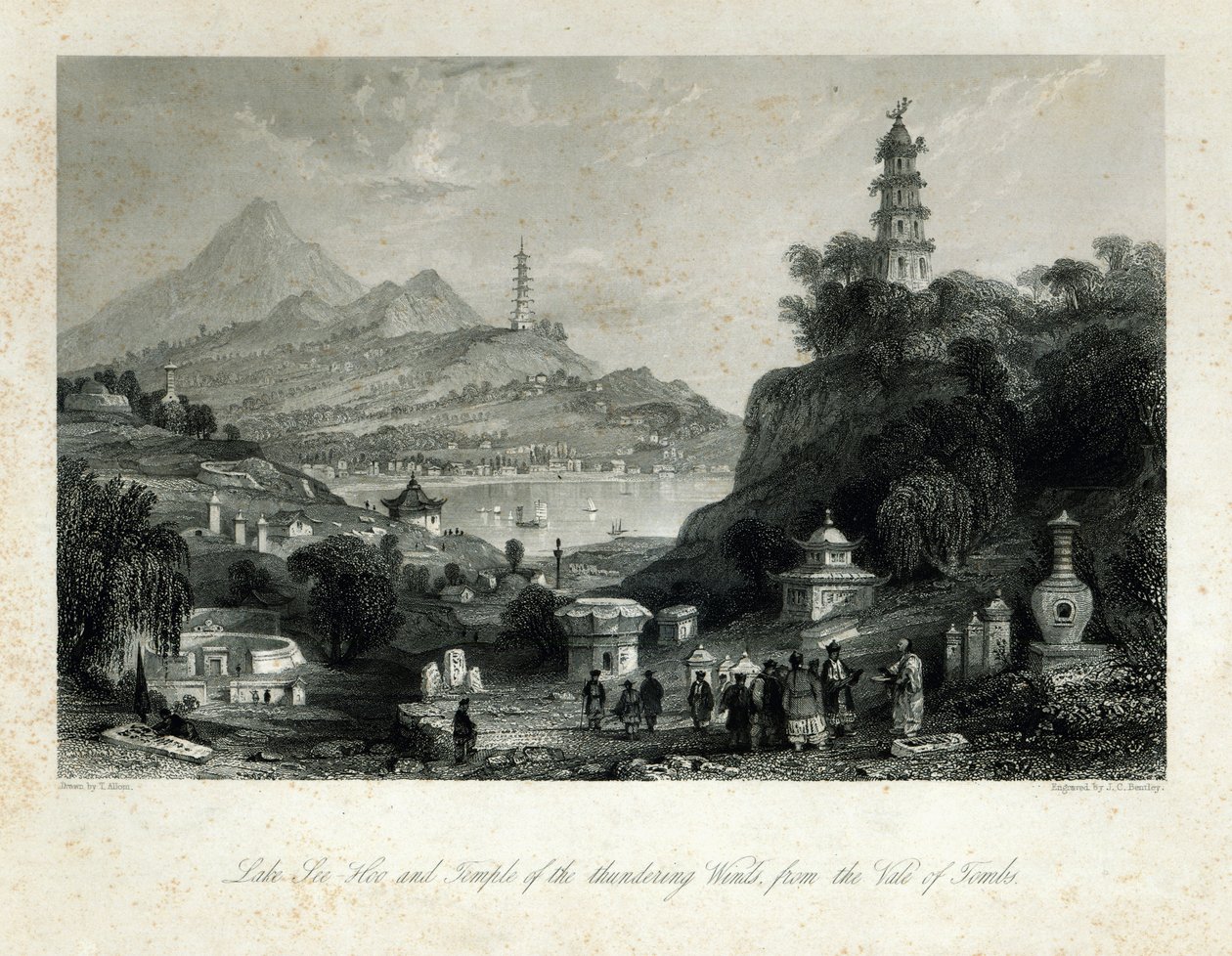 Lake See-Hoo och Temple of the Thundering Winds, från Vale of Tombs, graverad av J.C. Bentley, 1843 (stålgravyr) av Thomas Allom