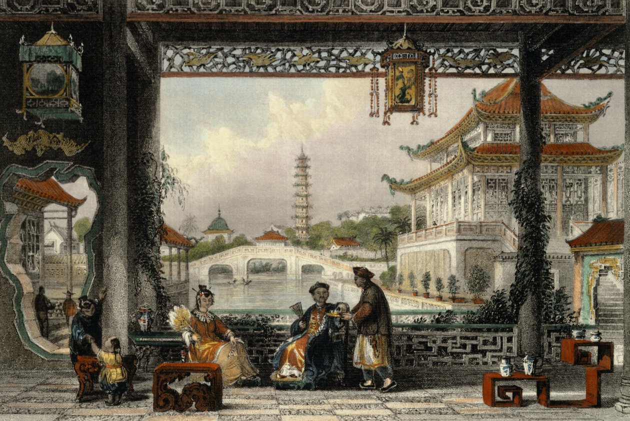 En mandarins paviljong och trädgårdar nära Peking, från "China in a Series of Views" av George Newenham Wright (ca 1790-1877) 1843 av Thomas Allom