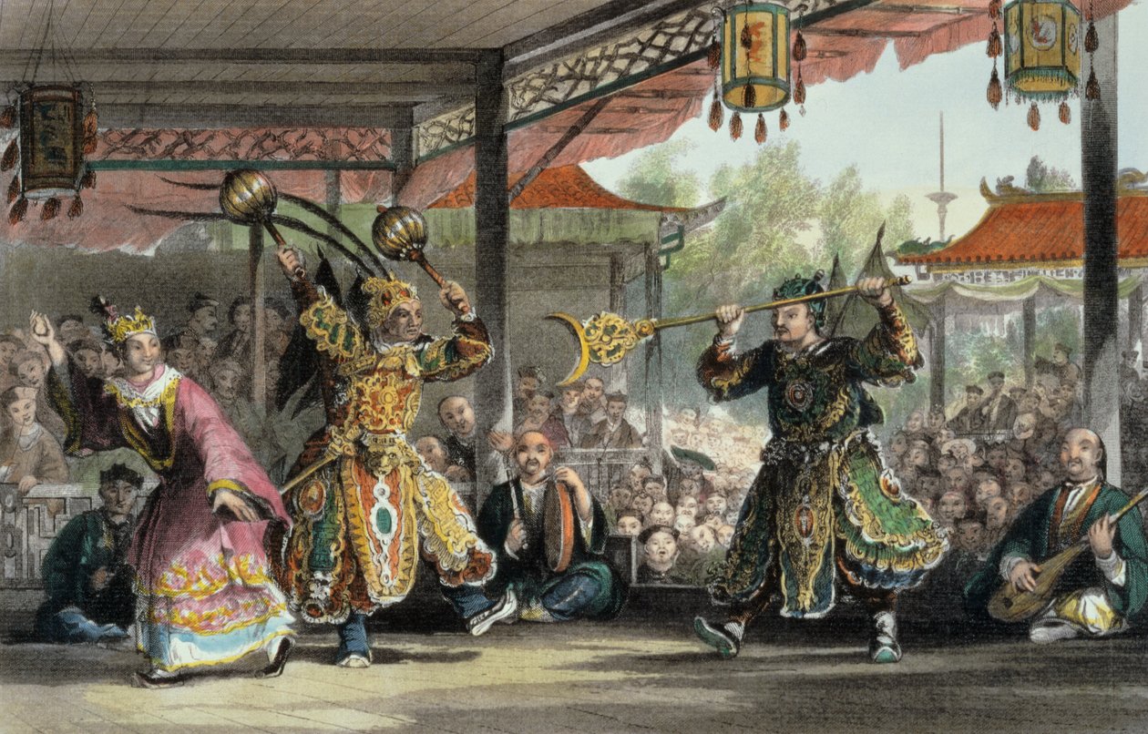 Scen från skådespelet "The Sun and Moon", från "China in a Series of Views" av George Newenham Wright (ca 1790-1877) 1843 av Thomas Allom