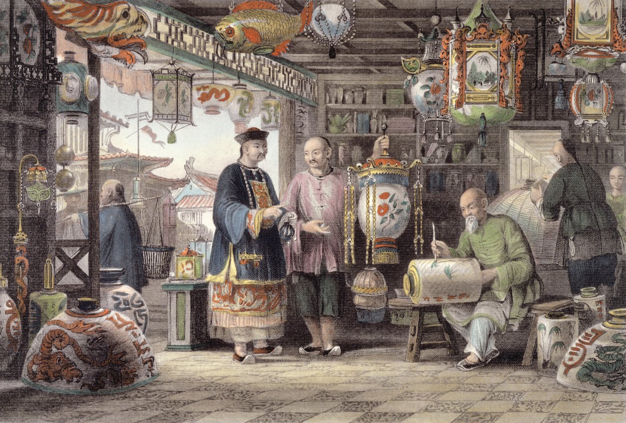 Showroom of a Lantern Merchant in Peking, från "China in a Series of Views" av George Newenham Wright (ca 1790-1877) 1843 av Thomas Allom