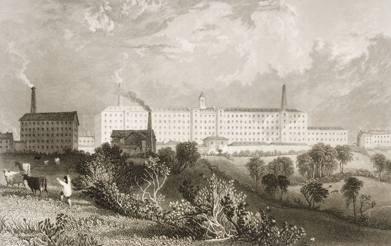 Swainson Birley und Co.-fabrik nära Preston, Lancashire, graverad av James Tingle (fl.1830-60) c.1833 av Thomas Allom
