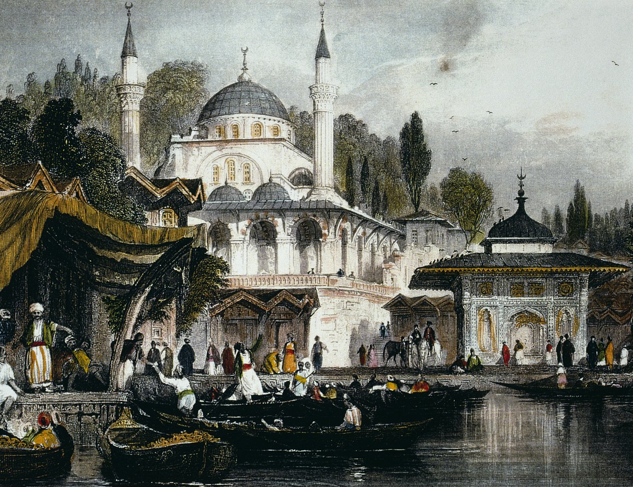 Mihrimah Sultan-moskén i Uskudar, på den anatoliska stranden av Bosporen, vänd mot Istanbul, 1839 (färggravyr) av Thomas Allom