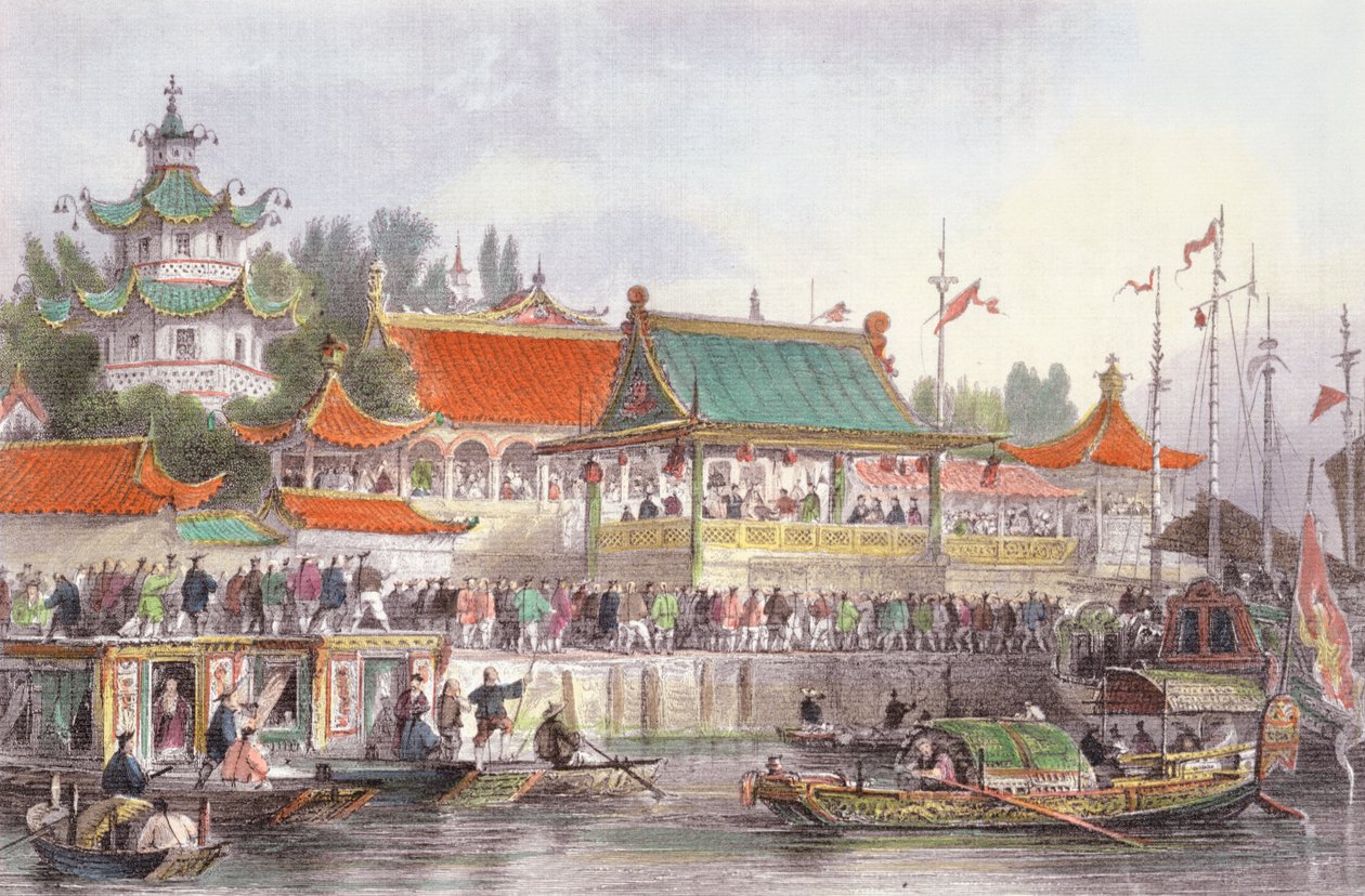 Teater i Tien-Sing, från "China in a Series of Views" av George Newenham Wright (ca 1790-1877) 1843 av Thomas Allom