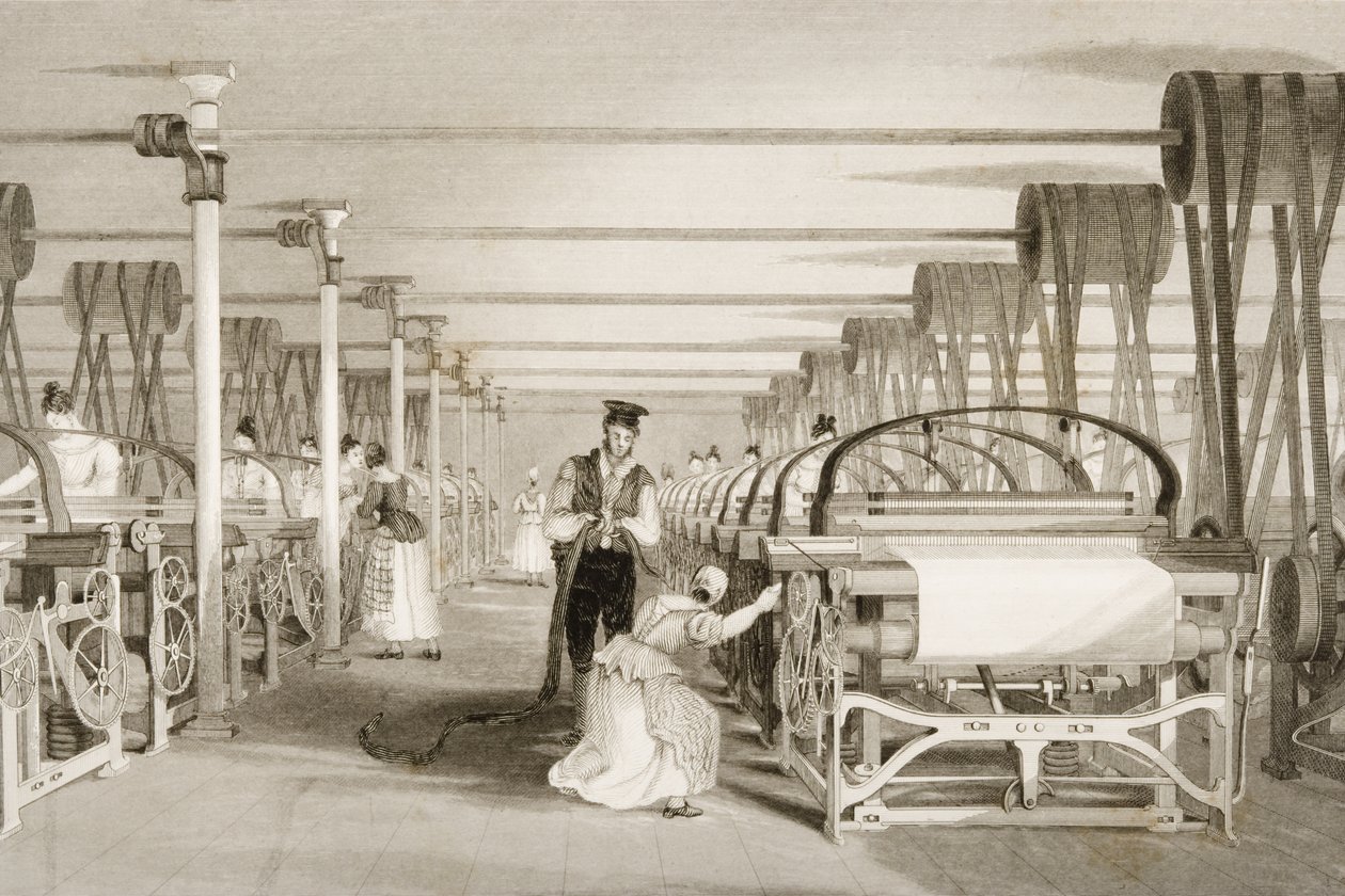 Vävning på Power Looms, Bomullsfabriksgolv, graverad av James Tingle (fl.1830-60) c.1830 av Thomas Allom