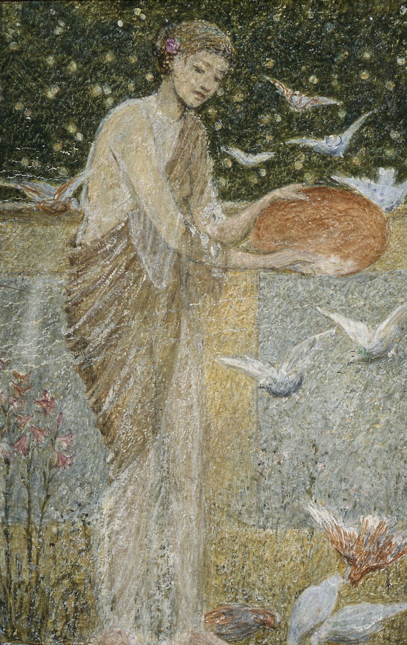 Flicka som matar duvor. En av tre skisser för utsmyckningen av Bank Hall, nära Chapel-en-le-Frith, Derbyshire av Thomas Armstrong