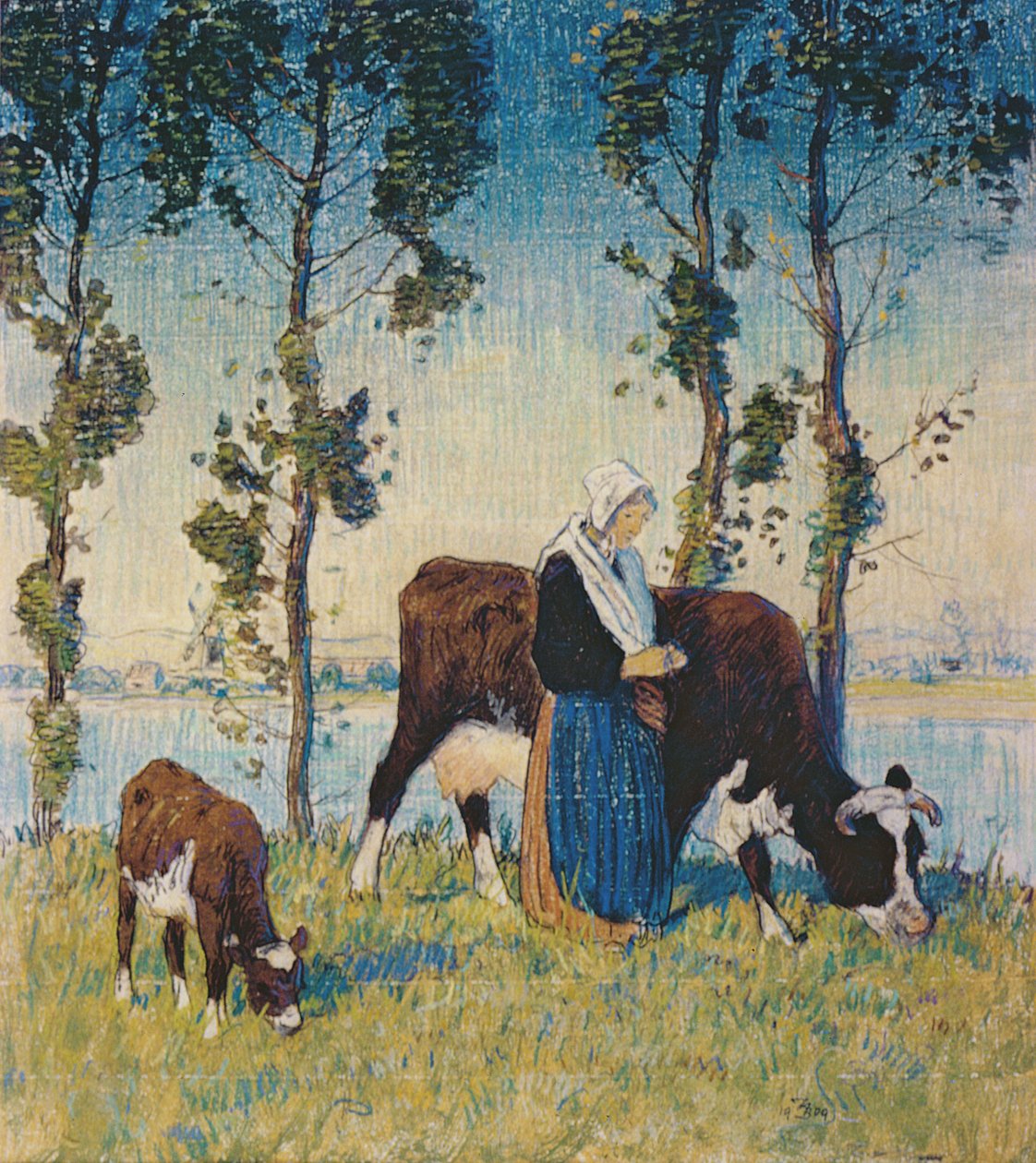 Kvinna med ko och kalv (pastell) av Thomas Austen Brown