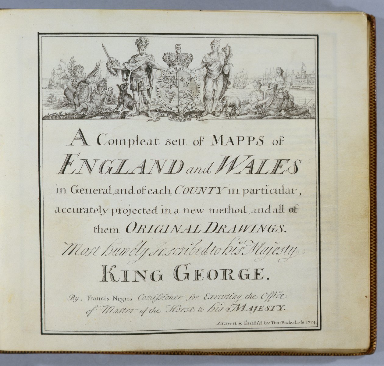 Titelsida för en komplett uppsättning kartor över England och Wales i allmänhet..., 1724 (penna & bläck och wc på papper) av Thomas Badeslade